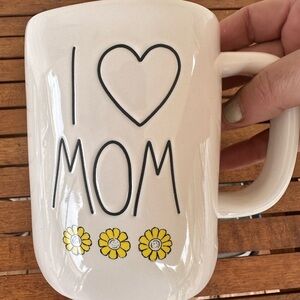 Rae Dunn Cream 'I Love Mom' Mug with Yellow Flowers